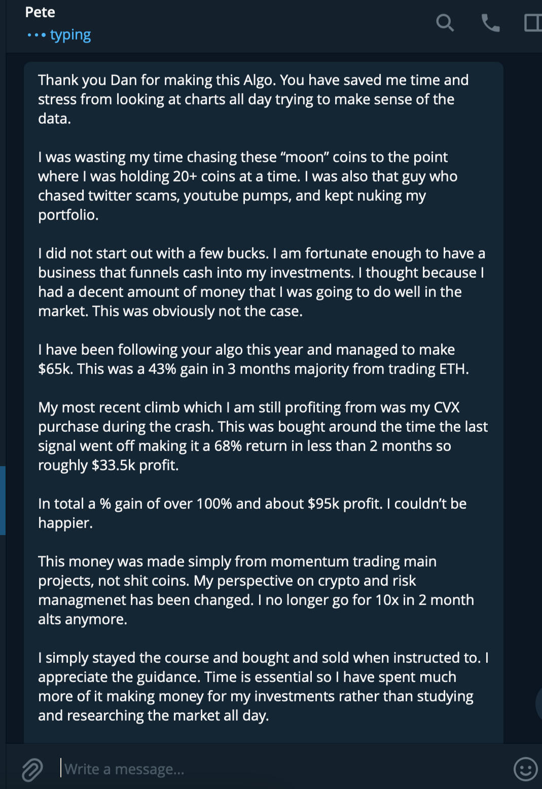 You saved me time and stress from looking at charts all day. 68% profit in less than 2 months. $95,000 in profit